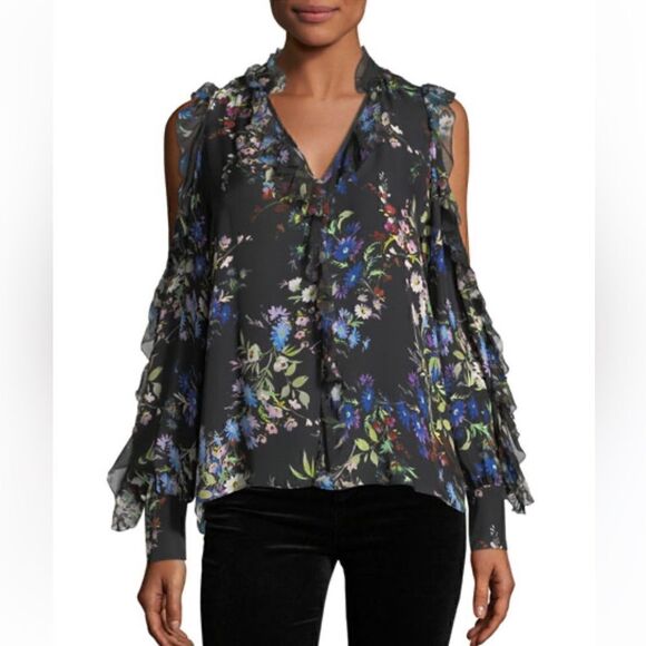 Parker Elana Floral Ruffle Cold Shoulder Sill Blouse XS - Picture 1 of 6